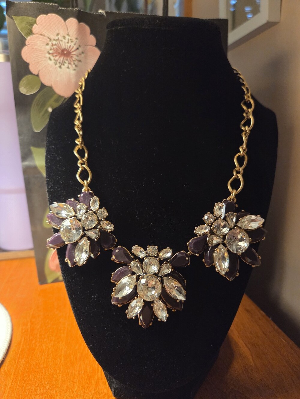J. Crew Gold-Tone Necklace with Purple and Clear Crystal Floral Clusters